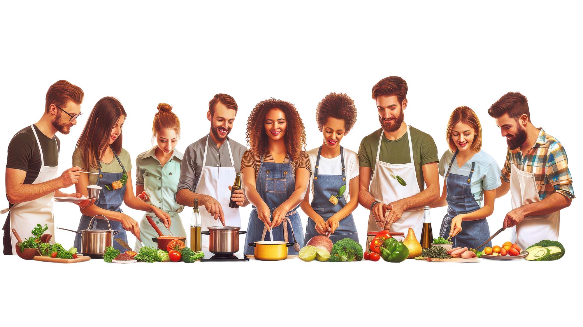 Group cooking around a large table